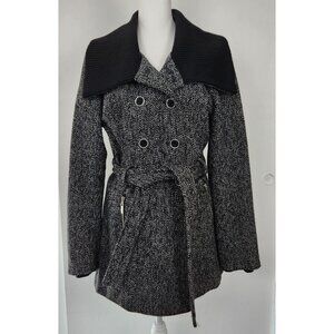 Guess Women's Black And White Tweed Wool Blend Belted Button Front Pea Coat, XL